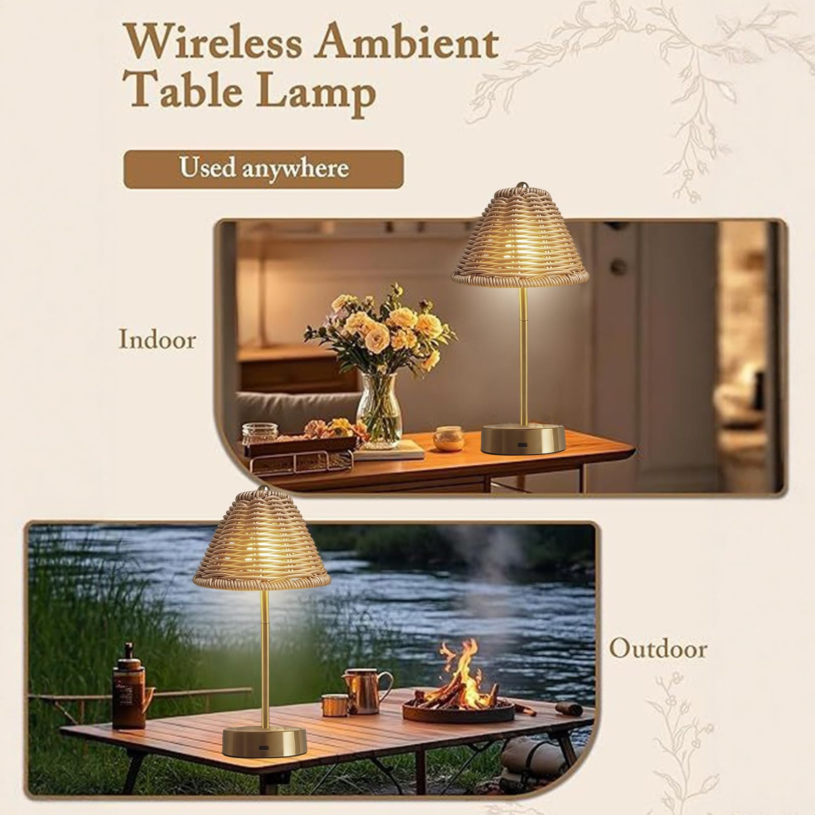 Lampada da Tavolo in Rattan 3 Livelli Luce Vintage Portatile a Ricarica USB