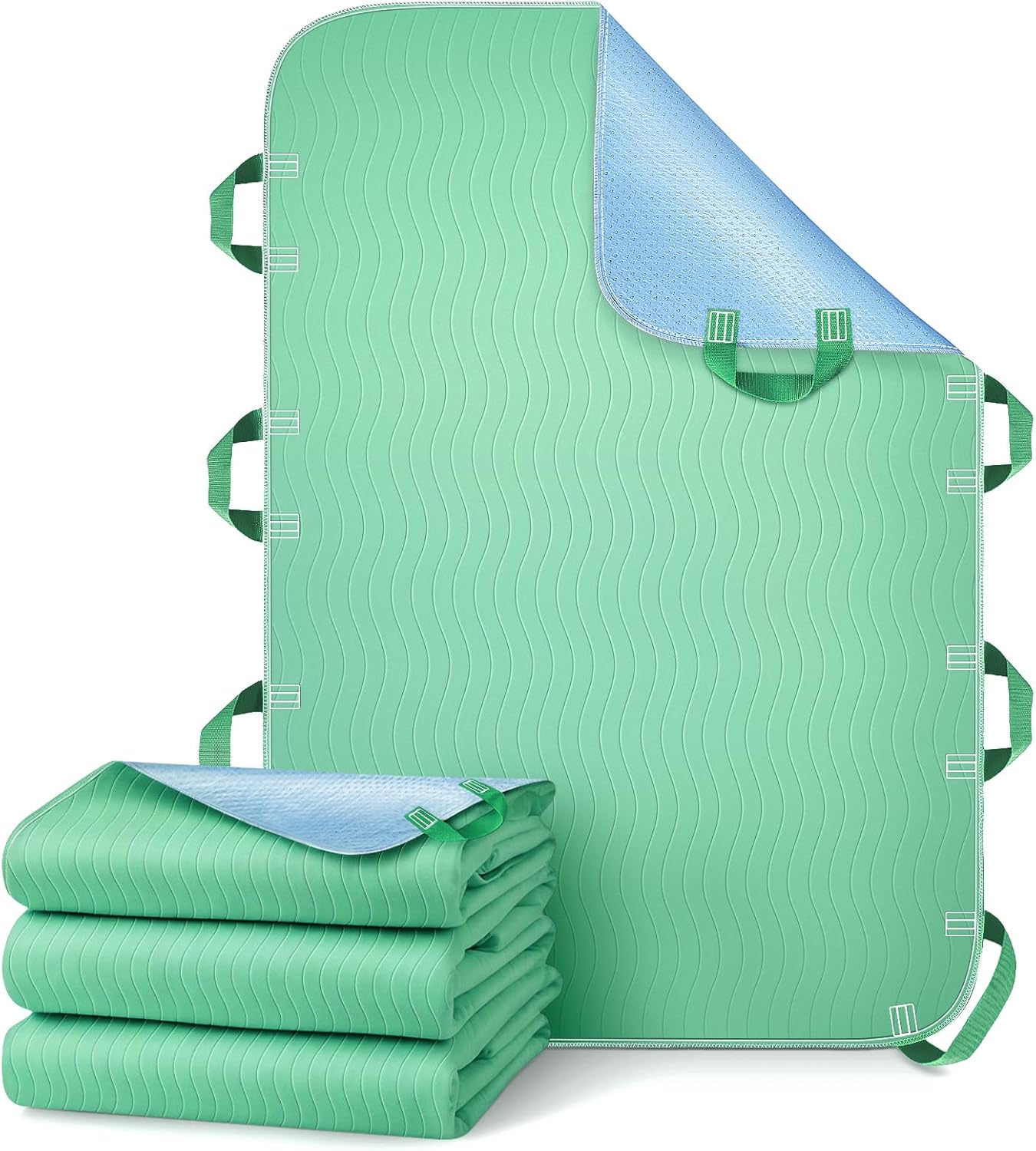 Bed Pads Washable Waterproof, Reusable Bed Underpads 34x52 Inch with 8 Reinforced Handles, 4-Layer Absorbent Positioning Bed Pad for Elderly Adults, Non-Slip, Supports 400lbs(Green3pcs)