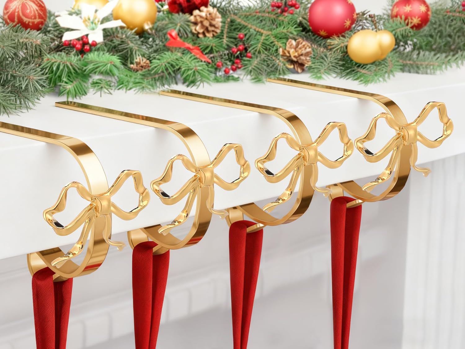 4 pcs christmas bow hooks mantel stockings holder metal gold christmas stocking clips classic shelf stocking garland hangers for counter window fireplace xmas party decoration