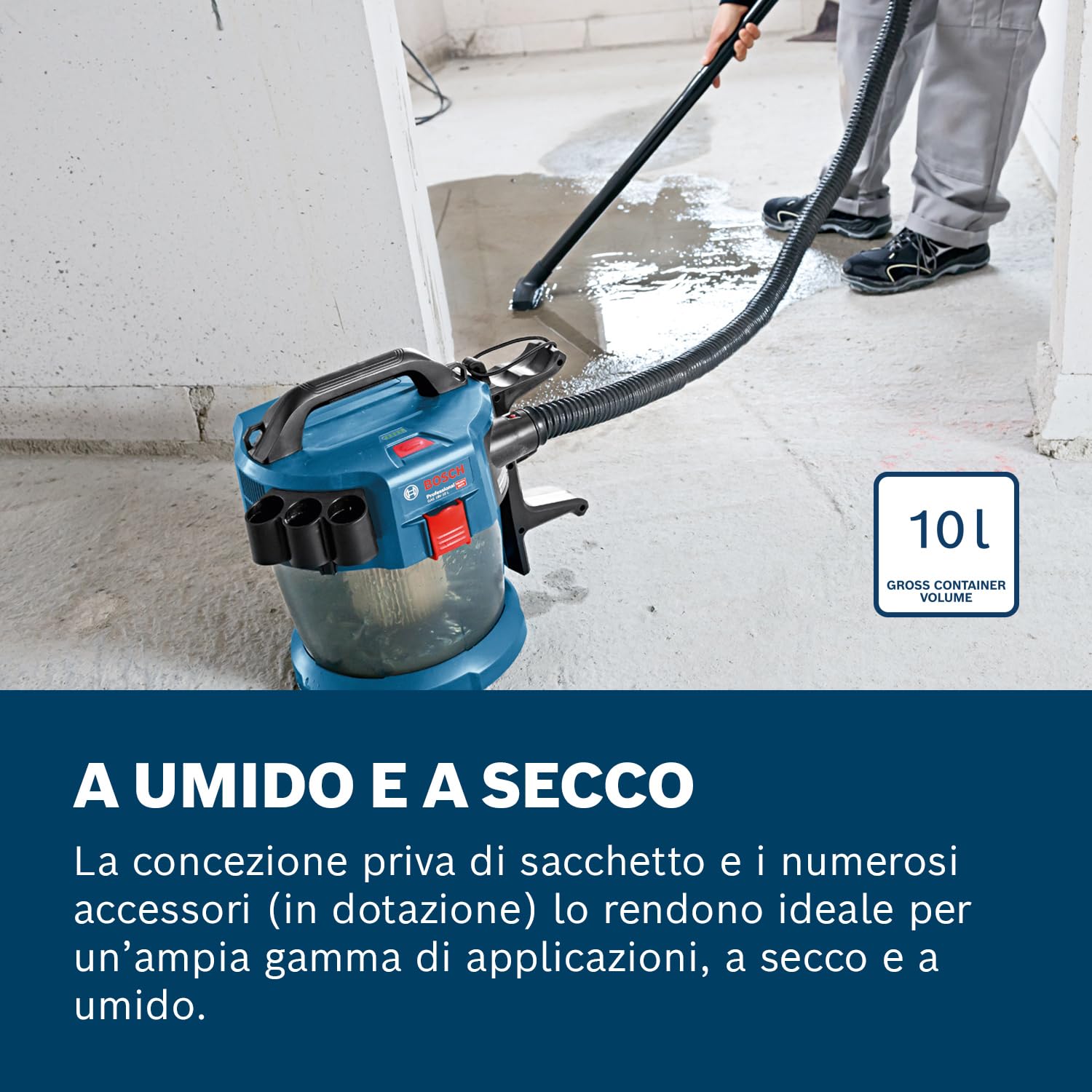 Bosch Professional Aspiratore industriale GAS 18V-10 L 18V System (batteria non incl., tubo flessibile 1,6 m, 3 tubi di prolunga, batteria/caricabatteria non incl.)
