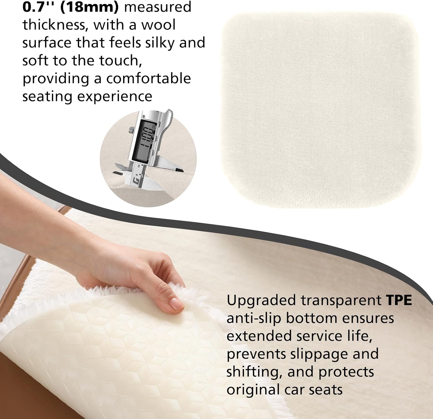 Faux Fur Car Seat Cushion 20 Inch, 18mm Medium Pile Seat Pad with Non-Slip TPE Backing for Cars, SUVs, Trucks, Office Chairs, White