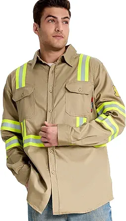 SRsafety Hi Vis FR Shirts for Men,7.0oz Long Sleeve FR Work Shirts,100% Cotton High Visibility Fire Shirt