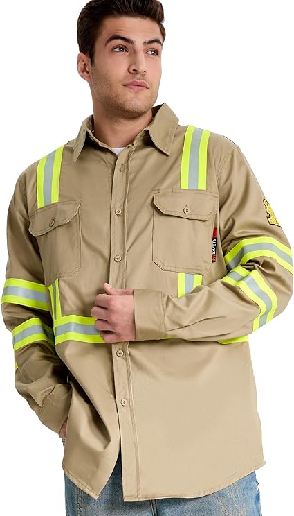 SRsafety Hi Vis FR Shirts for Men,7.0oz Long Sleeve FR Work Shirts,100% Cotton High Visibility Fire Shirt
