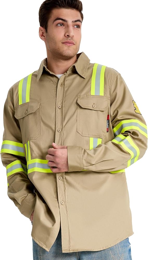 SRsafety Hi Vis FR Shirts for Men,7.0oz Long Sleeve FR Work Shirts,100% Cotton High Visibility Fire Shirt