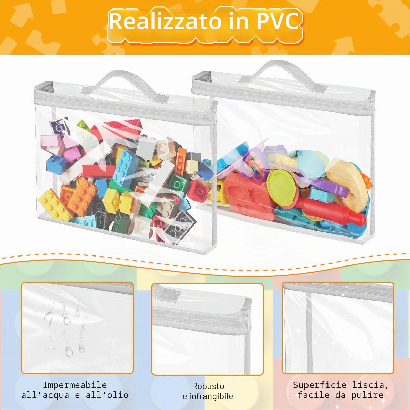10 sacchetti grandi in PVC con cerniera, 33 x 31 x 8 cm, impermeabili e riutilizzabili