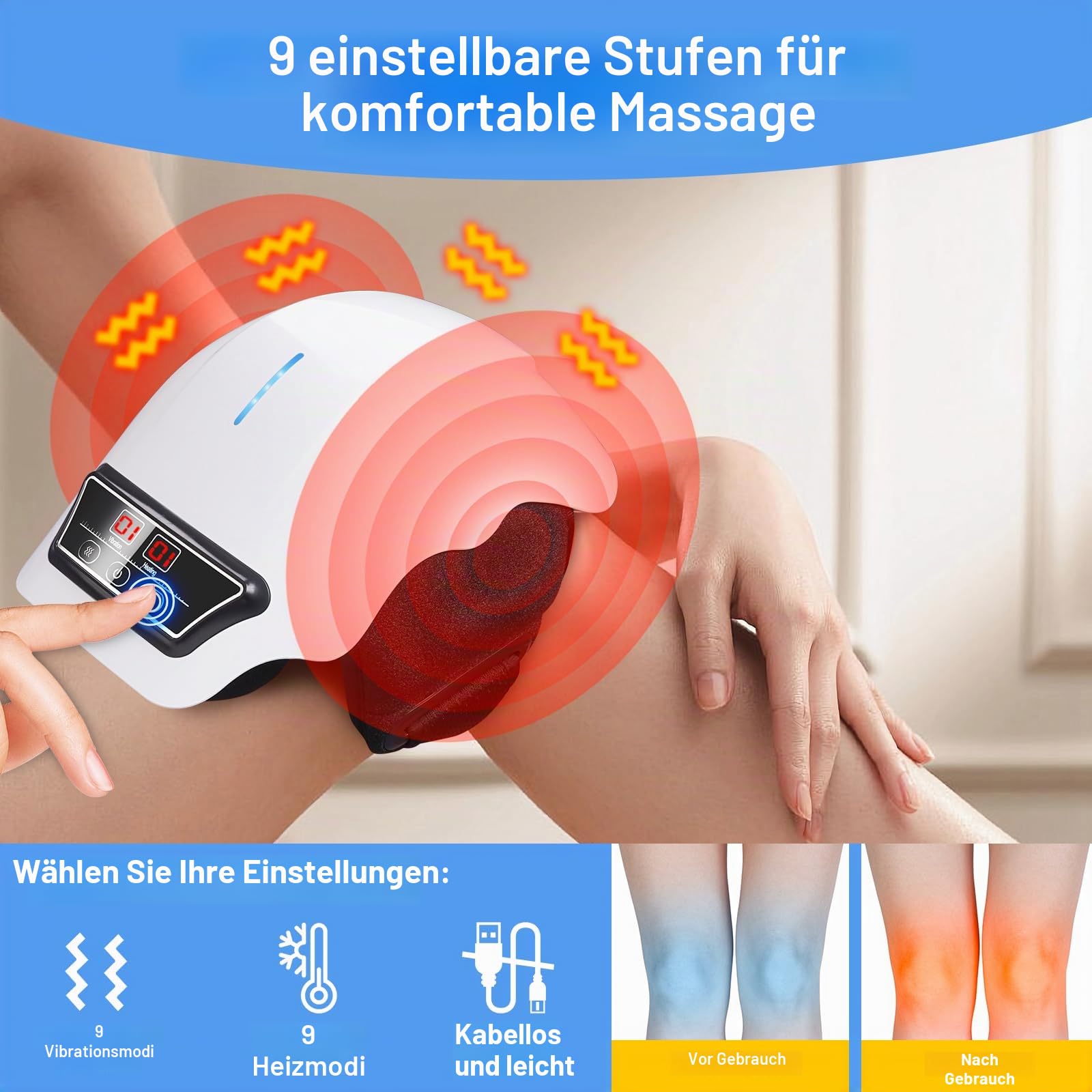 Kabelloses Kniemassagegerät mit 9 Stufen Wärme-, Vibrations- und Massagetherapie, Linderung von Knieschmerzen bei Schwellungen, steifen Gelenken, gedehnten Bändern und Muskelverletzungen, verstellbare