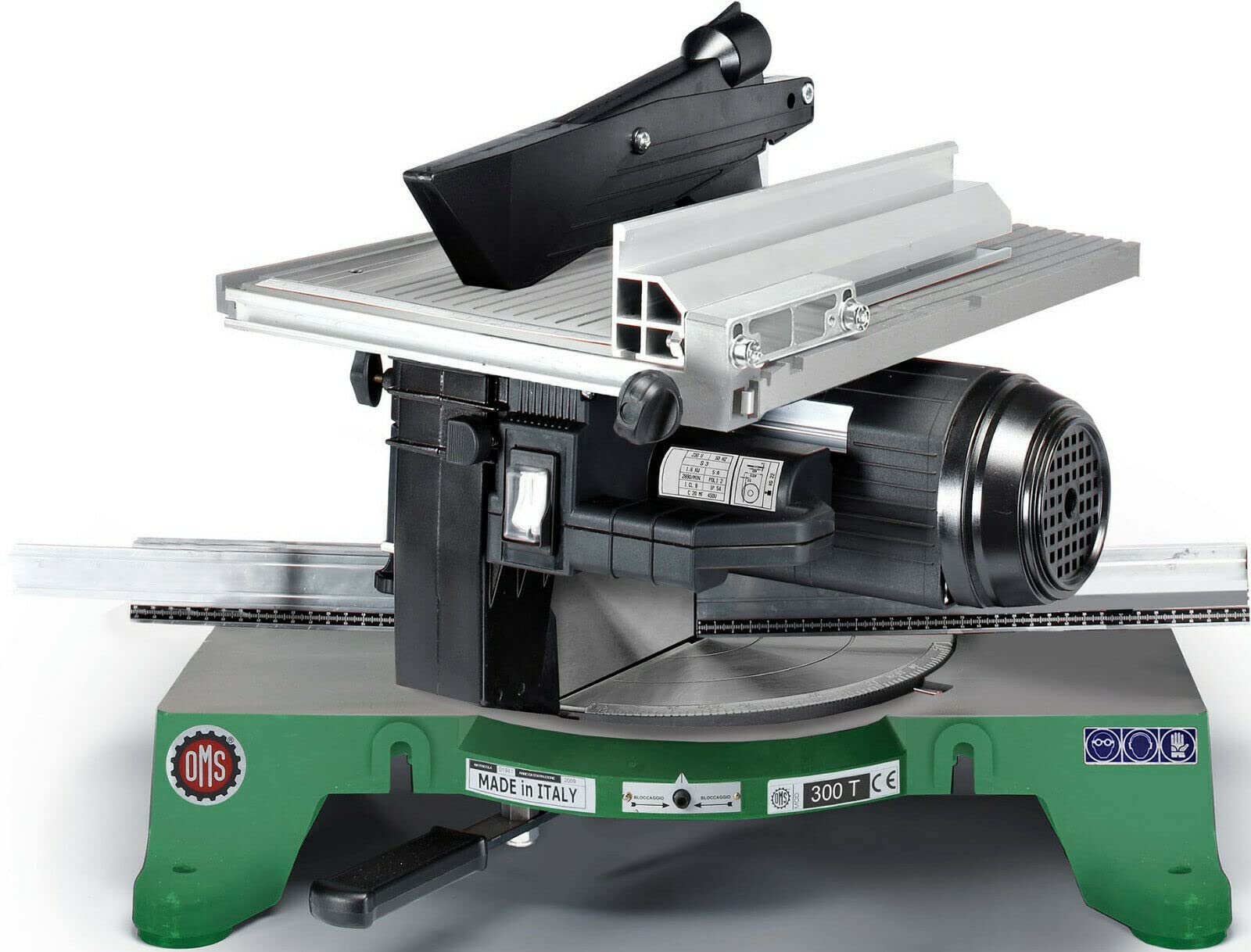 Technical specifications and cutting capacities of the COMPA OMS 300 T miter saw.