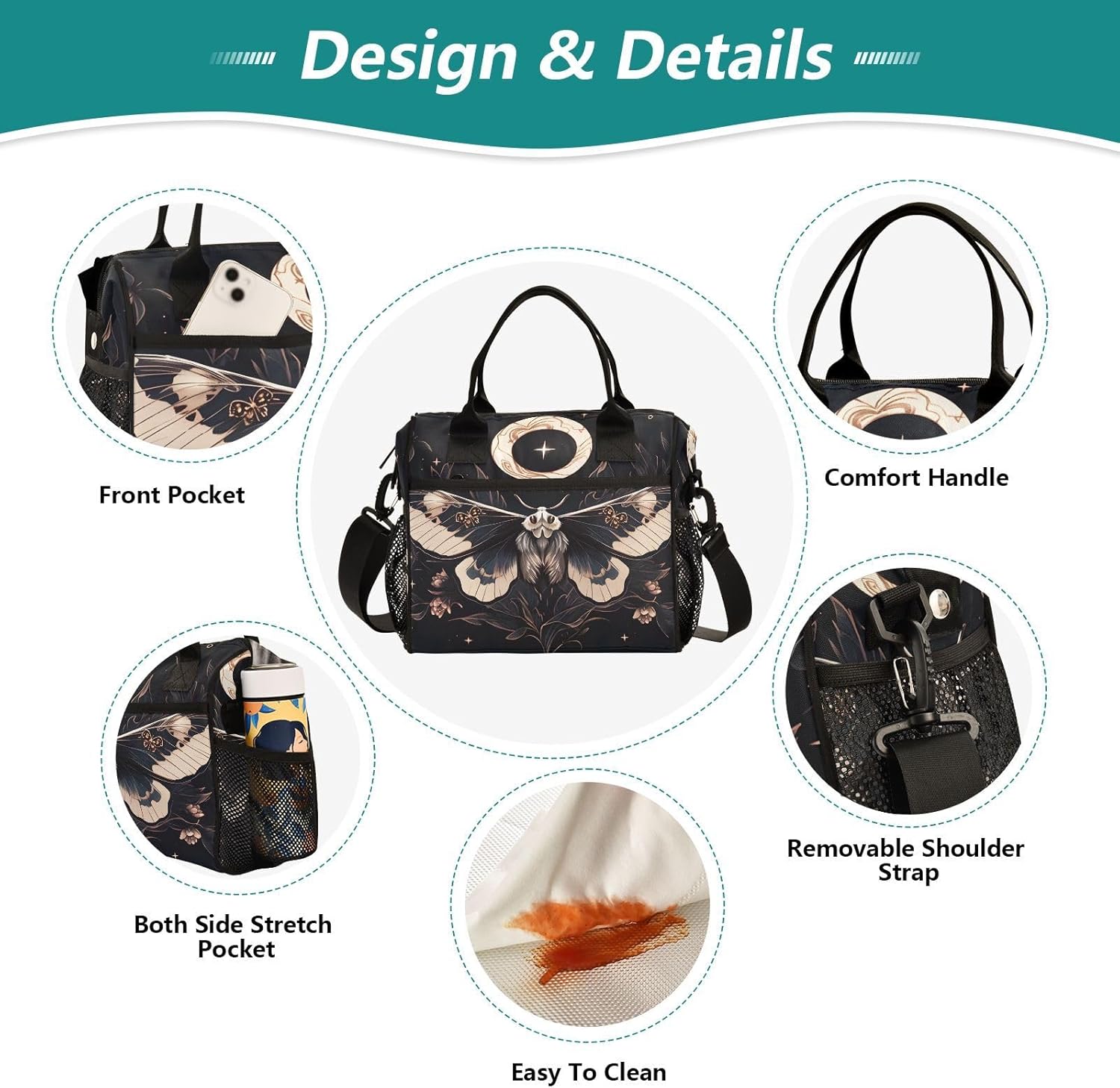 Insulated Lunch Bag Boho Mysterious Butterfly Print for Women Men Spacious Interior Leakproof Thermal Lunch Box Cooler Bag for Office, Outdoor, Travel Small
