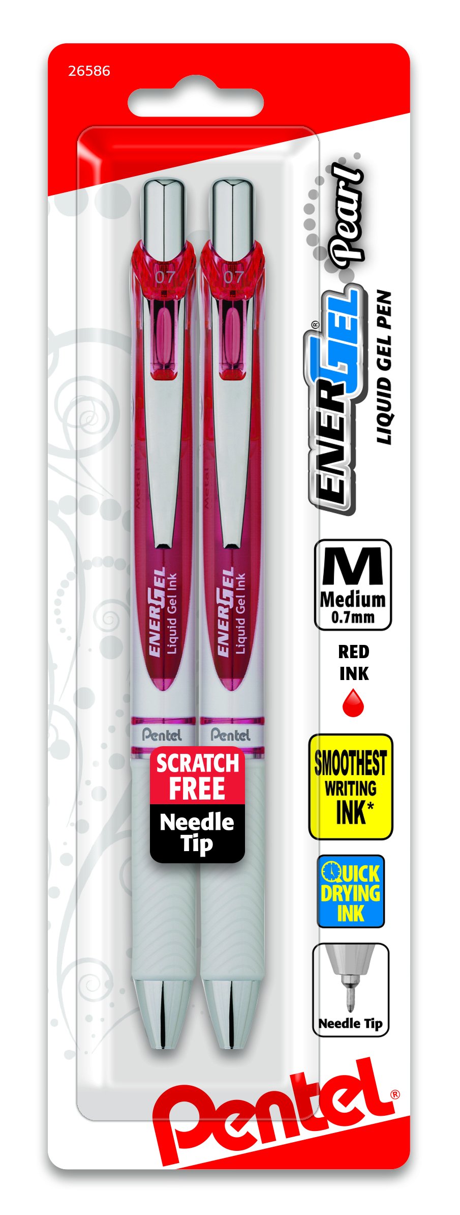 Pentel EnerGel Pearl Retractable Liquid Gel Pen, Needle Tip (0.7mm) Medium Line, Red Ink, 2-Pk (BLN77WBP2B)