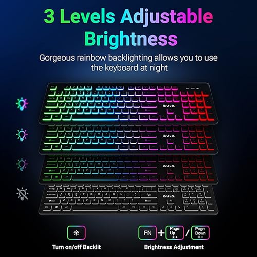 Miniatura 3 de AULA Combo de teclado y mouse inalámbricos, retroiluminación RGB, recargable y silencioso de 2.4 GHz, teclado ergonómico de tamaño completo, mouse y