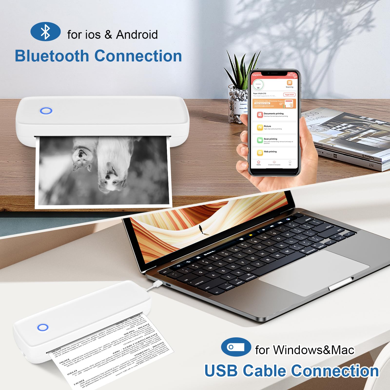 GuKKK Stampante Termica Portatile A4, Stampante Termica Piccola con Bluetooth, Stampante Mobile Wireless Supporta Carta Termica A4 210 x 297 mm, Compatible with Android iOS, per Ufficio, Studio (A)