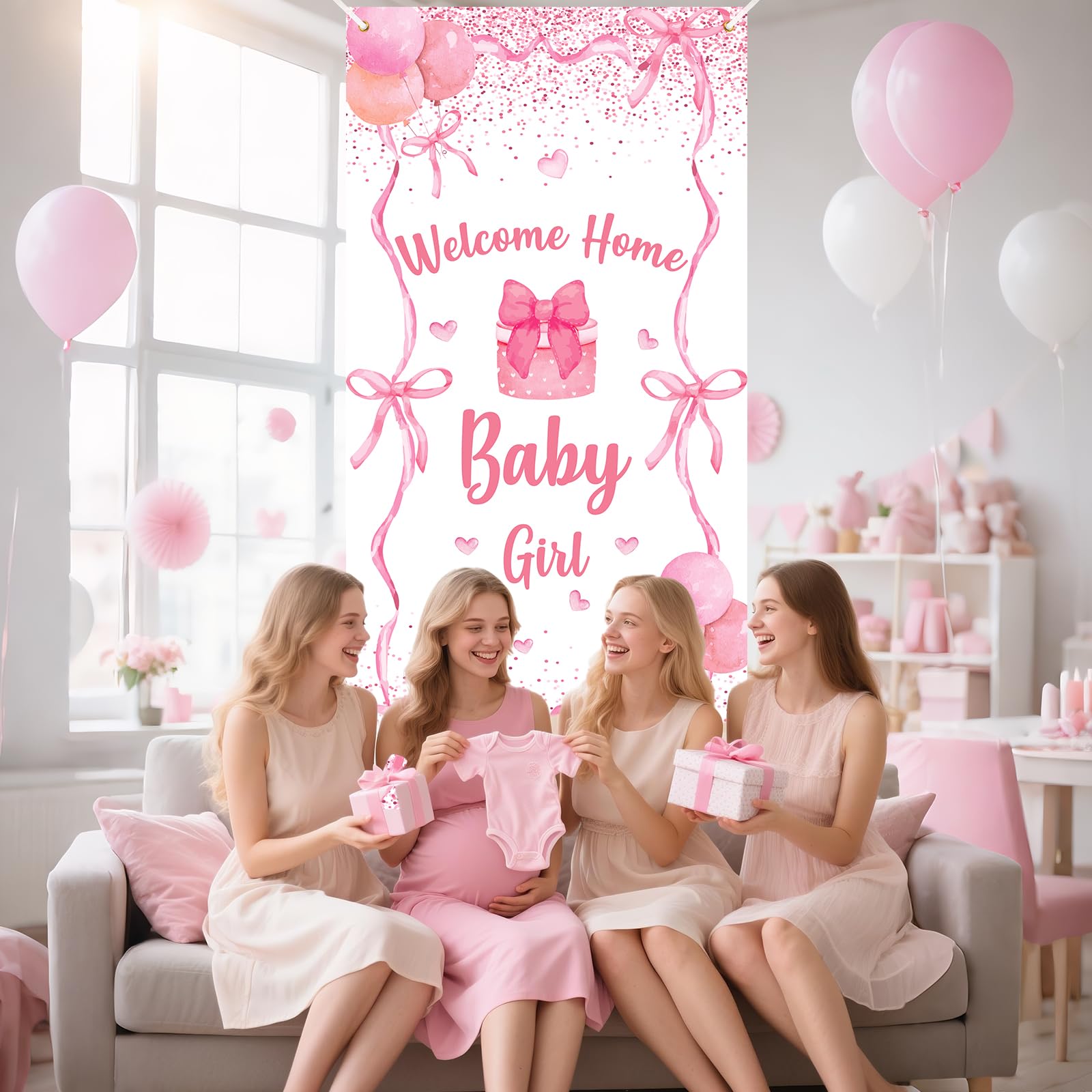 Decoración de pancarta de bienvenida a casa para bebé, decoración de baby shower, diseño de lazo rosa, decoración de coqueta, cubierta de puerta de bebé, telón de fondo para niñas, revelación de