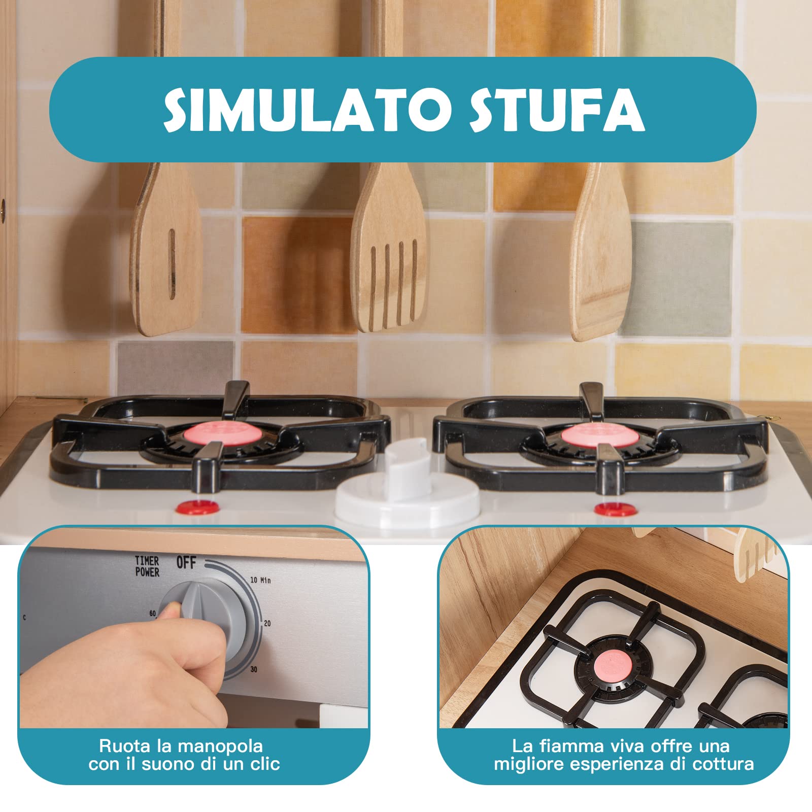 COSTWAY Cucina Giocattolo per Bambini, Cucina Finta Giocattolo con Suoni e Luci Realistici, Accessori Completi di Utensili da Cucina, Ideale per Bambini 3-7 Anni