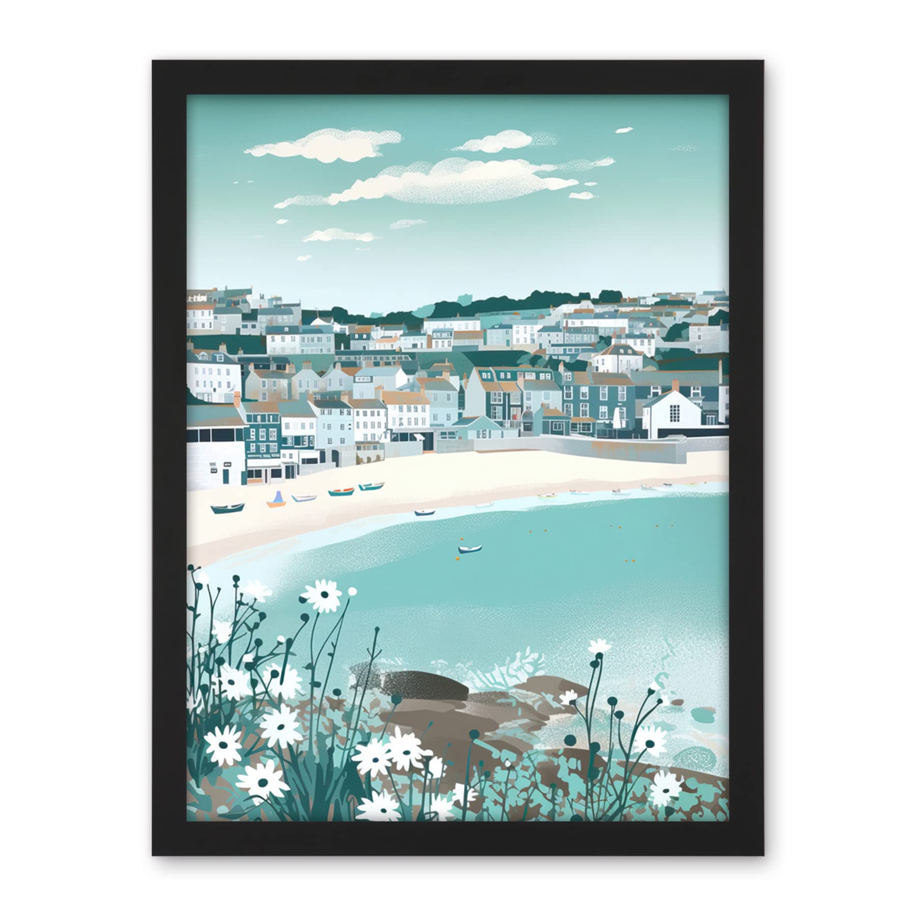 Artery8 St Ives Bay Daisies Soft Pastel Coastal Cityscape Artwork Framed Wall Art Print 18X24 Inch