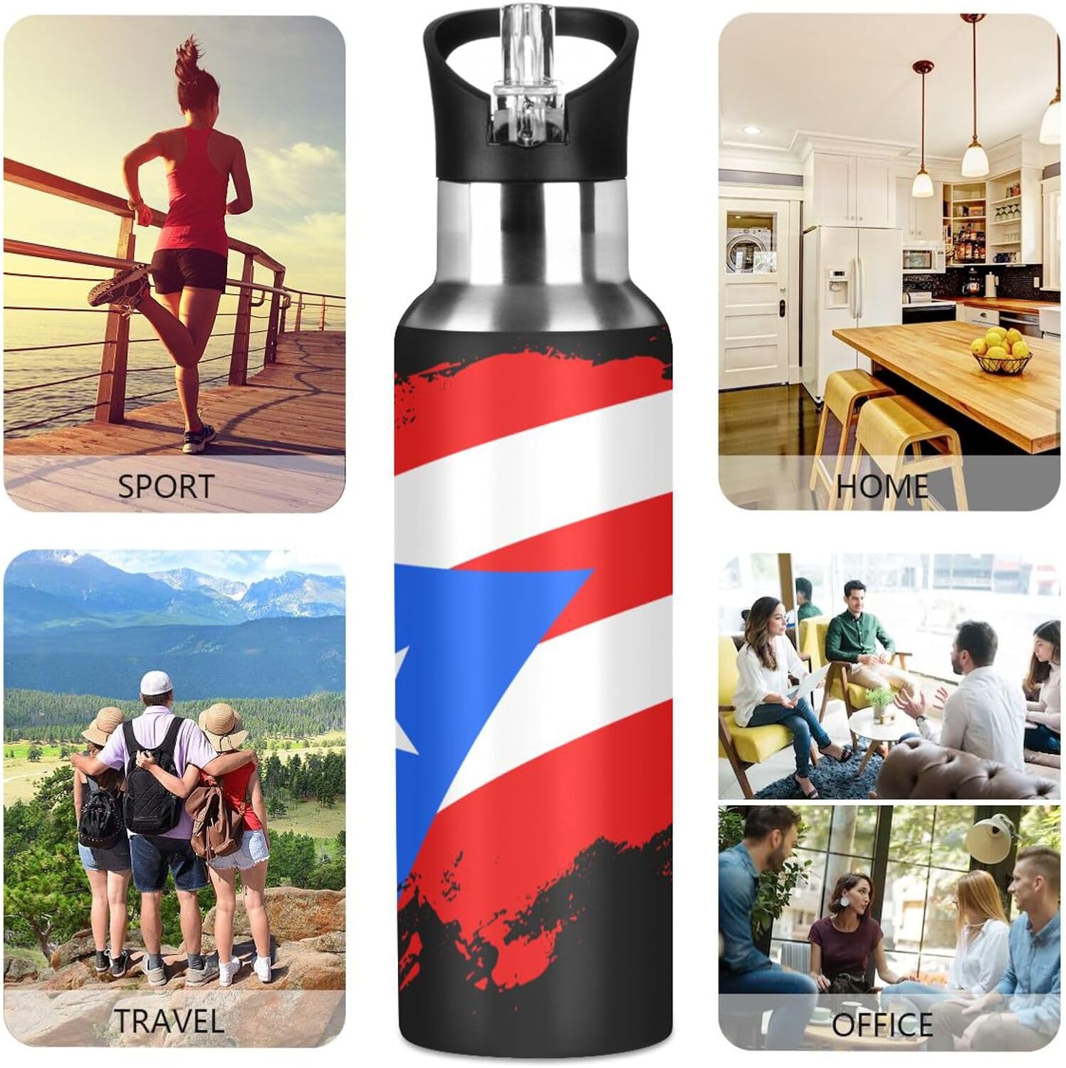 Puerto Rico Flag Brush Stroke Insulated Water Bottle with Straw, Stainless Steel Sports Water Bottles with Straw Lid, Double Wall Vacuum, Leakproof, BPA-Free.35oz