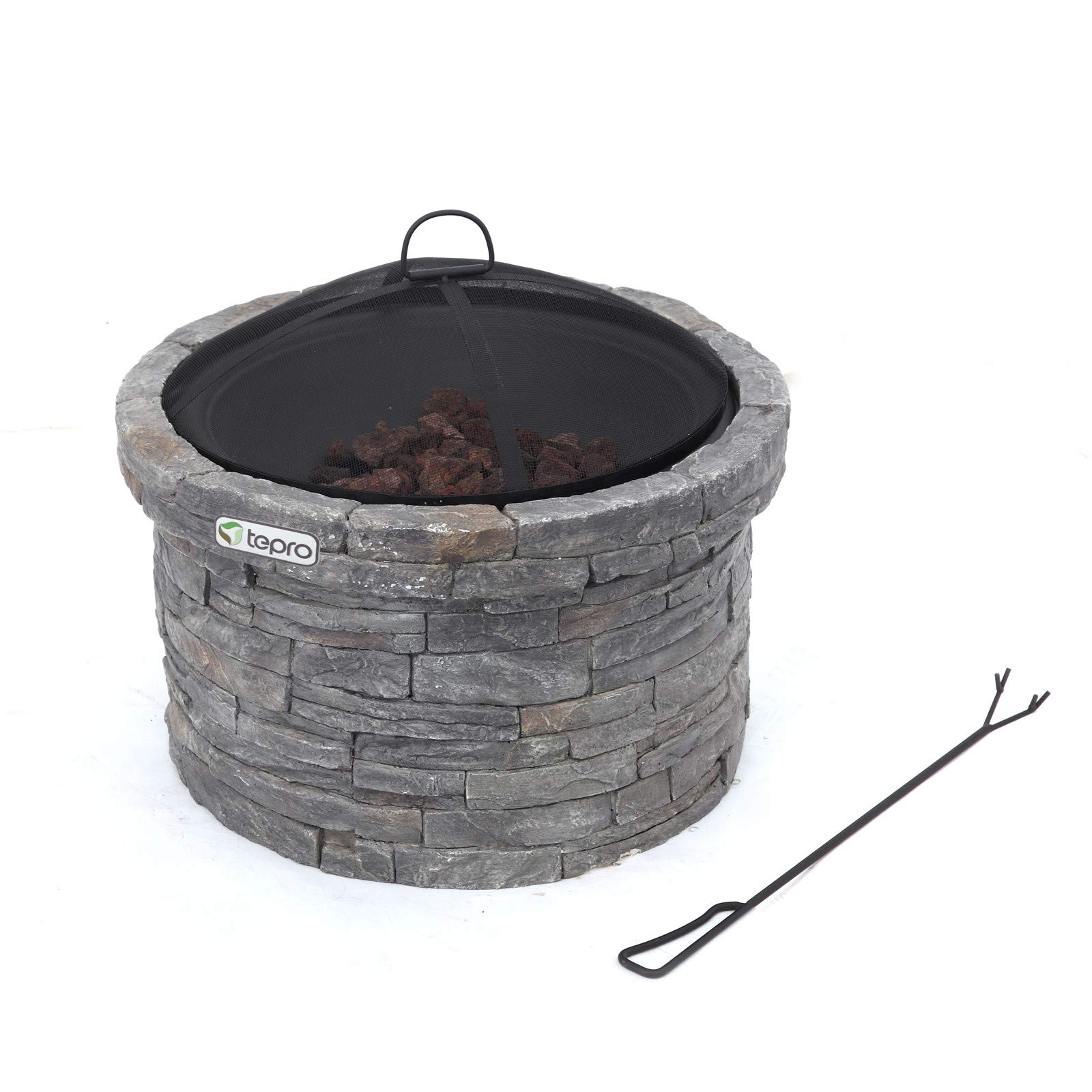tepro Feuerstelle Gladstone Ø 67,5 cm – Outdoor Feuerstelle in eleganter Steinoptik mit Funkenschutz, Feuerrost & Schürhaken – dekorative Garten-Feuerschale mit feuerfester Stahlwanne