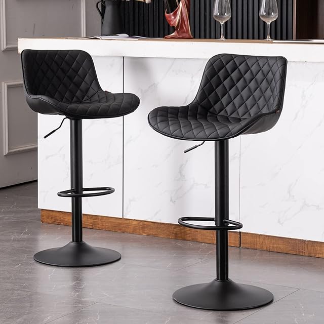 YOUTASTE Black Bar Stools Set of 2 Adjustable Breakfast Barstools with Backs Modern PU Leather Padded Bar Stool Swivel Gas Lift Metal Bar Chairs for Home Kitchen Counter Island