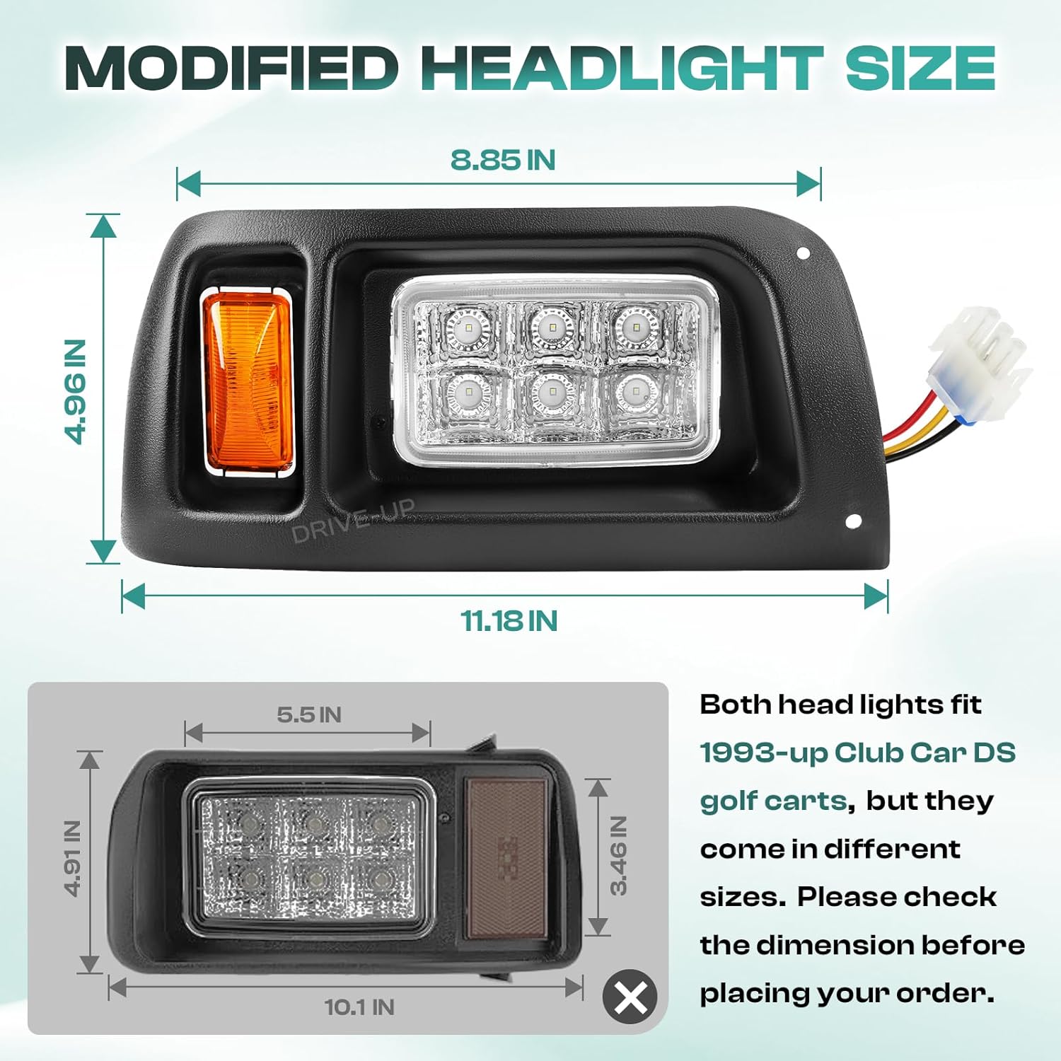 DRIVE UP Club Car DS Headlights Kit, Golf Cart LED Head Light with Adapter Wire for Club Car DS 1993-up 12 Volt Modified Golf Carts, OEM 101988002 101988001