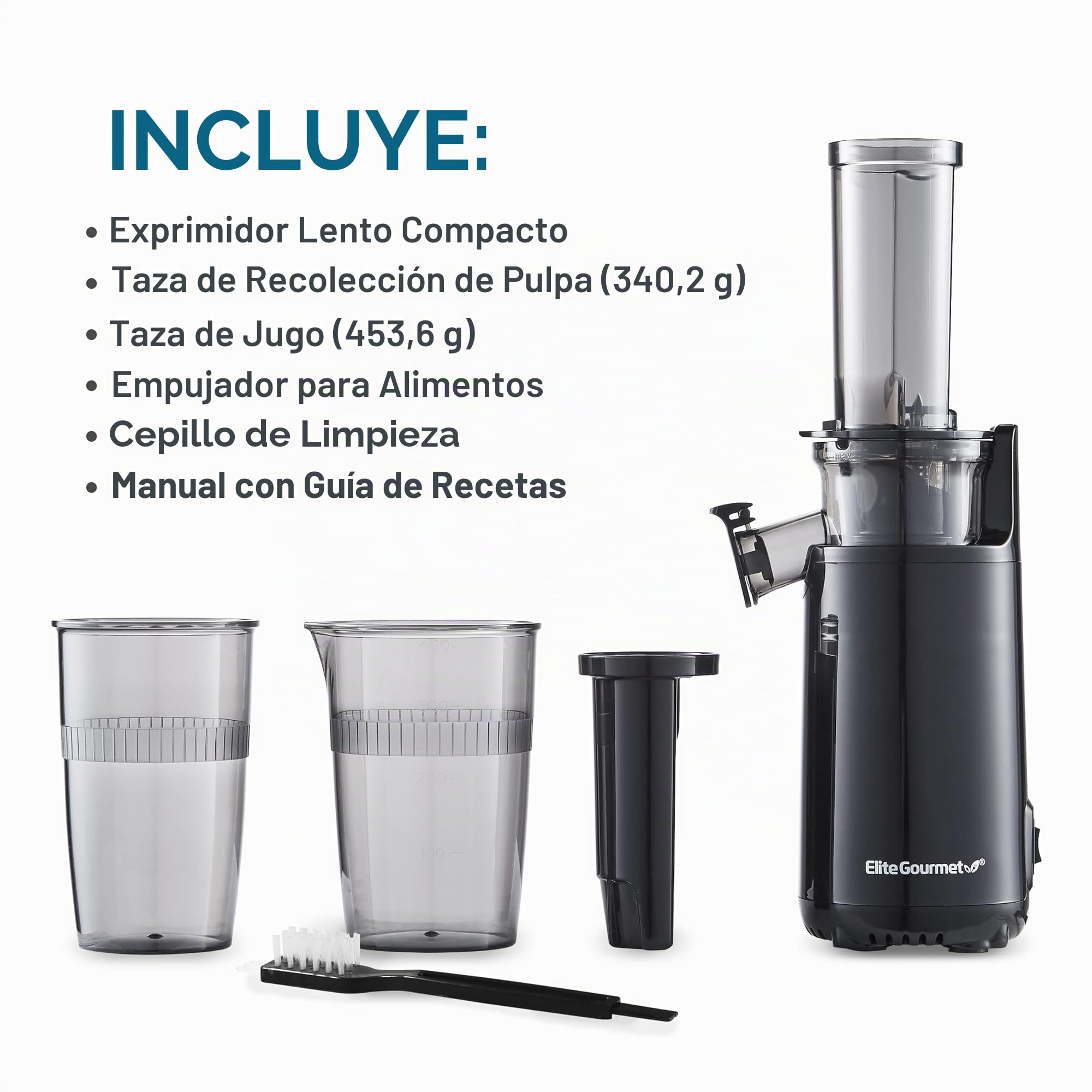 Elite Gourmet EJX600 Exprimidor compacto para masticar, exprimidor prensado en frío, rico en nutrientes y vitaminas, fácil de limpiar, taza de jugo de 16 oz, antracita