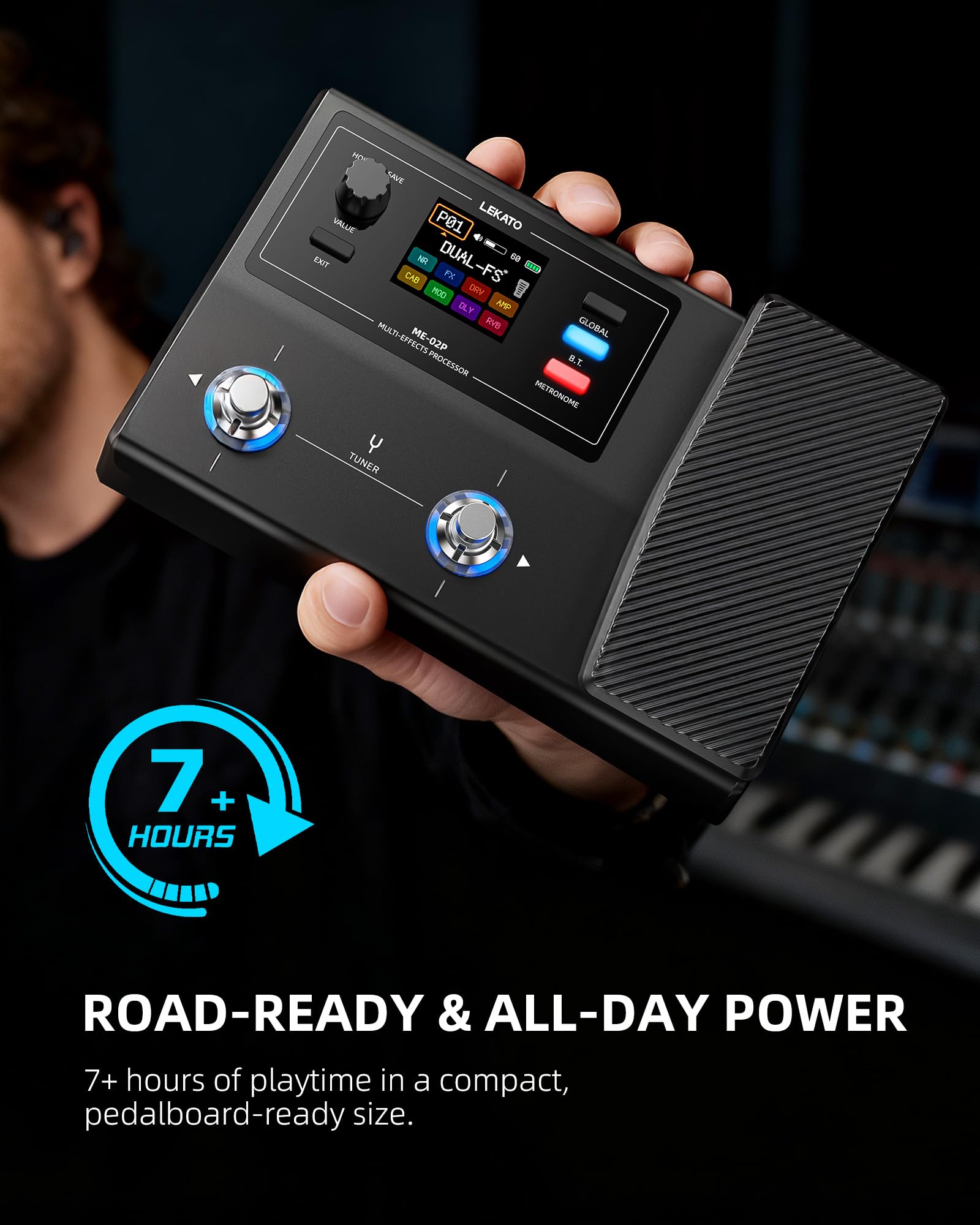 LEKATO Pedal multiefectos de guitarra con pedal de expresión, 100 preajustes 40 ritmos de batería, batería de audio de 24 bits 7H, aplicación Bluetooth y carga IR, grabación OTG, salidas de