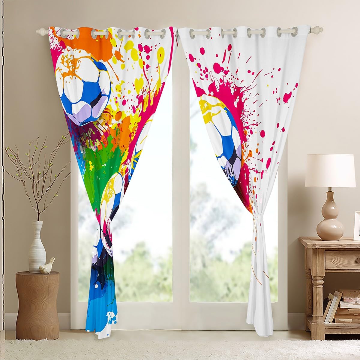 Homemissing Football Curtains (2 Panels,W46*L72) For Bedroom Kids Boys Teens Soccer Ball Game Window Curtains Multi-Colored Graffiti 30%-50% Blackout Curtains Rugby Sports Game Window Treatments - Image 4