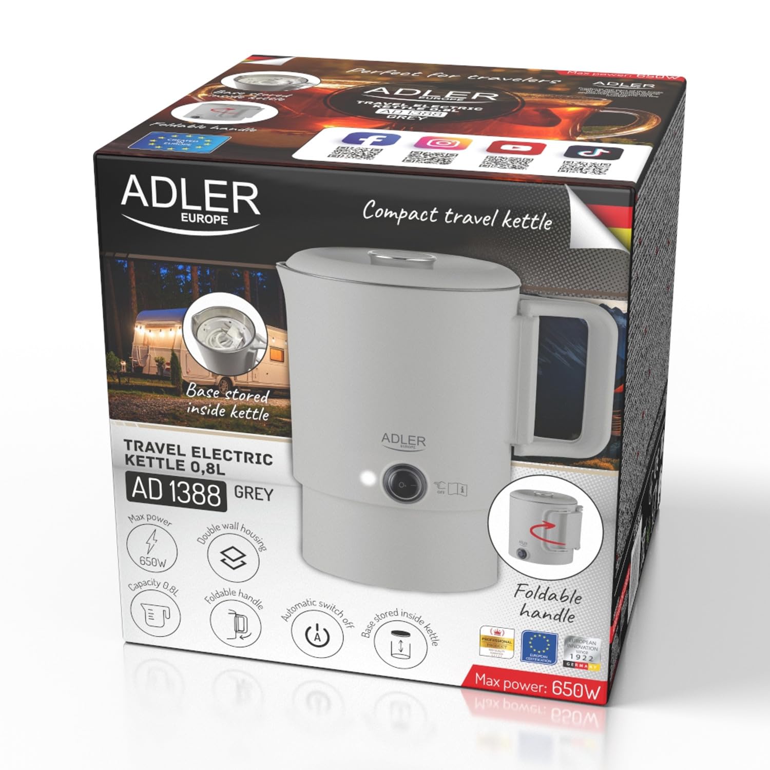 Adler Kompakter Reisewasserkocher 0,8 l 650 W | Klappbarer Griff Doppelte Edelstahlgehäuse 360° drehbarer Sockel Automatische Abschaltung Grau Typ E/F