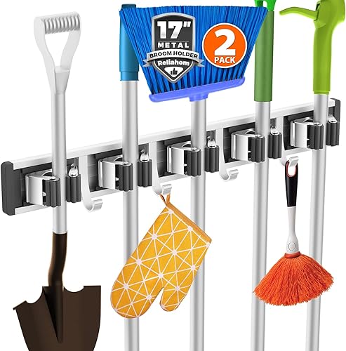 reliahom Paquete de 2 soportes para escobas de montaje en pared, colgador de escoba y trapeador de pared, estante de almacenamiento de garaje,