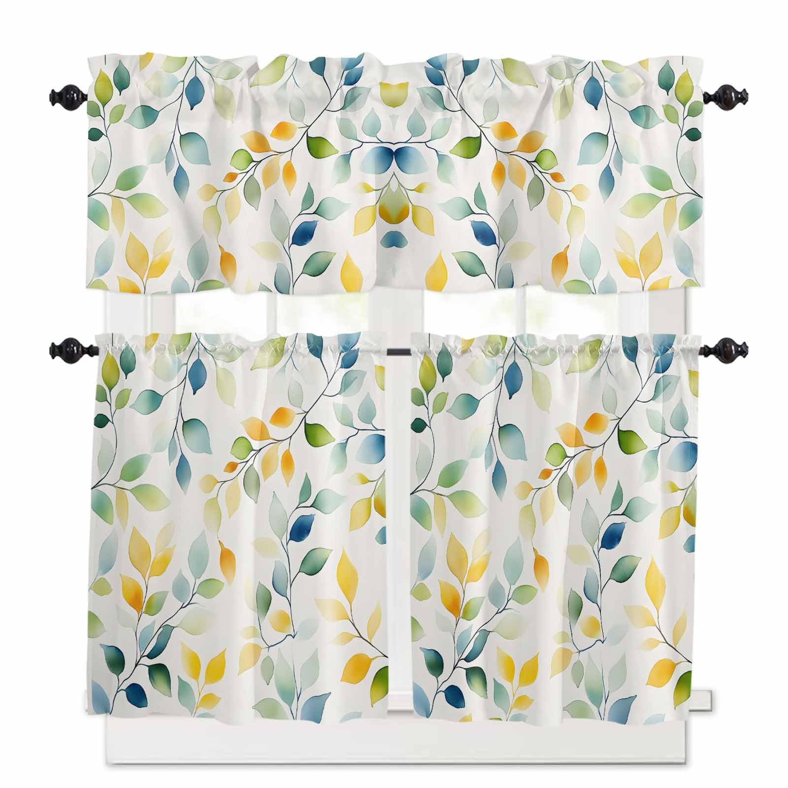Spring Leaves Kitchen Curtains 24 Inch Length,3 Piece Rod Pocket Small Half Tiers and Valance Set,Colorful Botanical Eucalyptus Vines Plants Small Large Window Treatment Decor for Bedroom/Bathroom