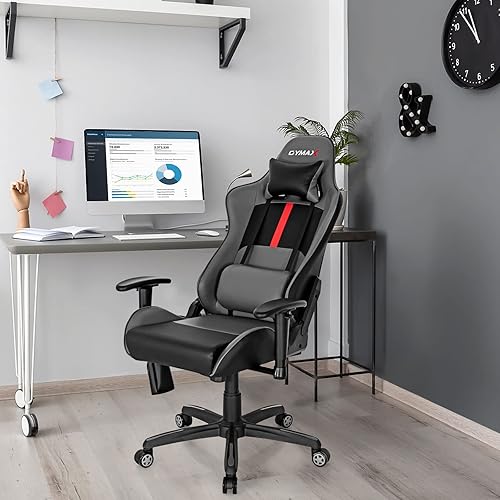 Miniatura 8 de GYMAX Silla de juegos, silla ergonómica para juegos con soporte lumbar de masaje, altavoz integrado y almohada de cabeza desmontable, silla