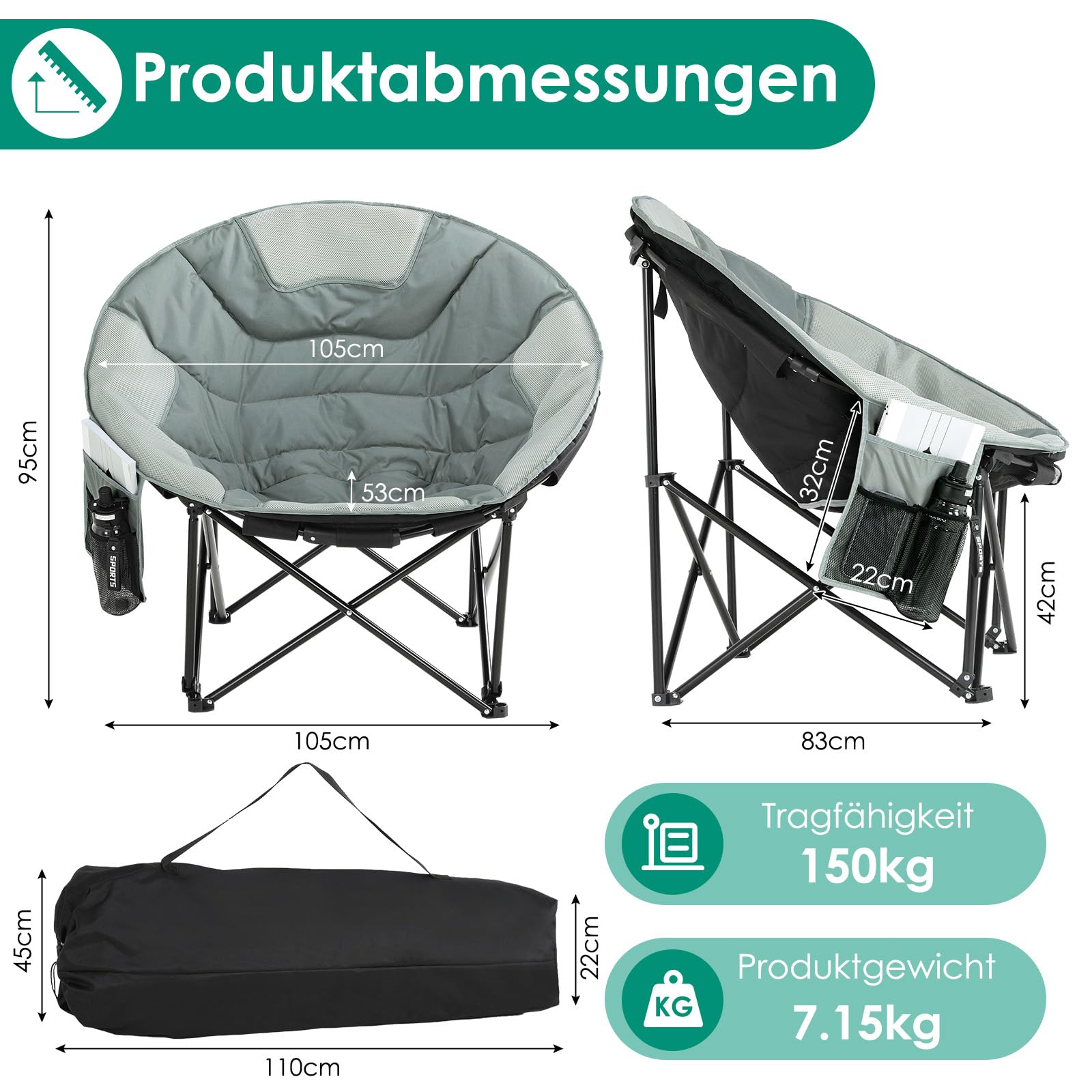 LIFERUN Krzesło kempingowe, składane, 150 kg, wygodne oparcie, krzesło kempingowe, sofa kempingowa dla 1 osoby, lekkie, z torbą do przenoszenia, na piknik, do użytku na zewnątrz, do ogrodu, szare