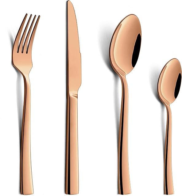 Rose Gold Cutlery Set, Joyfair 16-Piece Stainless Steel Flatware Silverware Set Service for 4, Eating Utensils Include Knife/Fork/Spoon for Dining, Modern Design & Mirror Polished, Dishwasher Safe