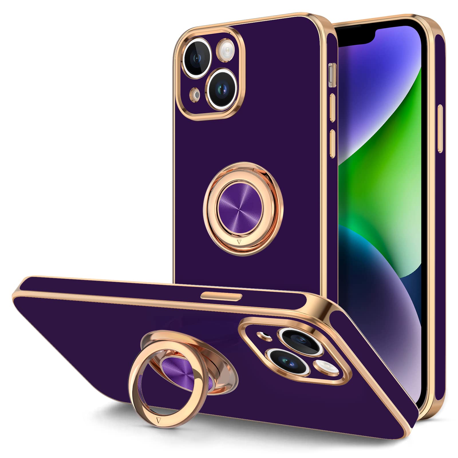 Hython for iPhone 14 Plus Case with Ring Stand [360° Rotatable Ring Holder Magnetic Kickstand] [Support Car Mount] Plated Gold Edge Soft TPU Luxury