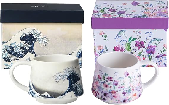 Ceramic Mug Set of 2 Coffee Cup with Handle - 3.4" H Wave & Flower Porcelain Tea & Latte Cup 12.5 oz for Home & Office in Color Box - Dishwasher Microwave Safe