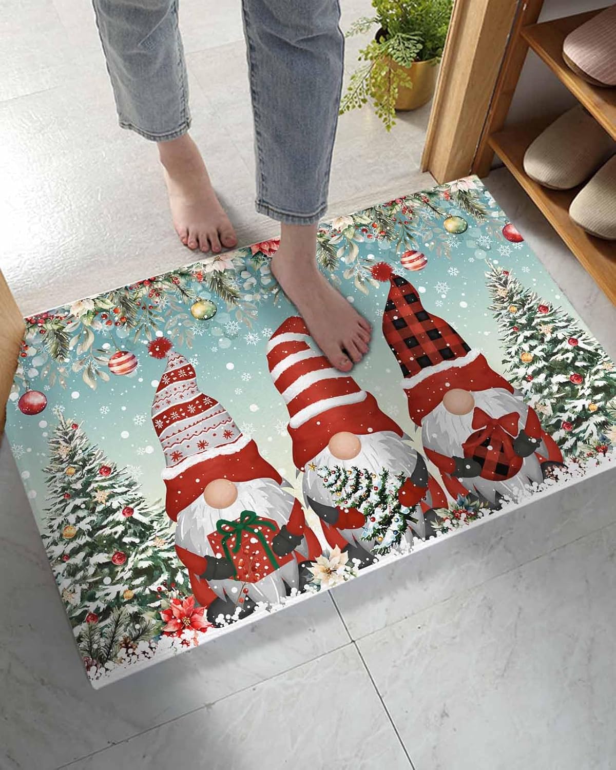 Soft Shag Doormat Red Gnome Christmas Tree Bell,Non Slip