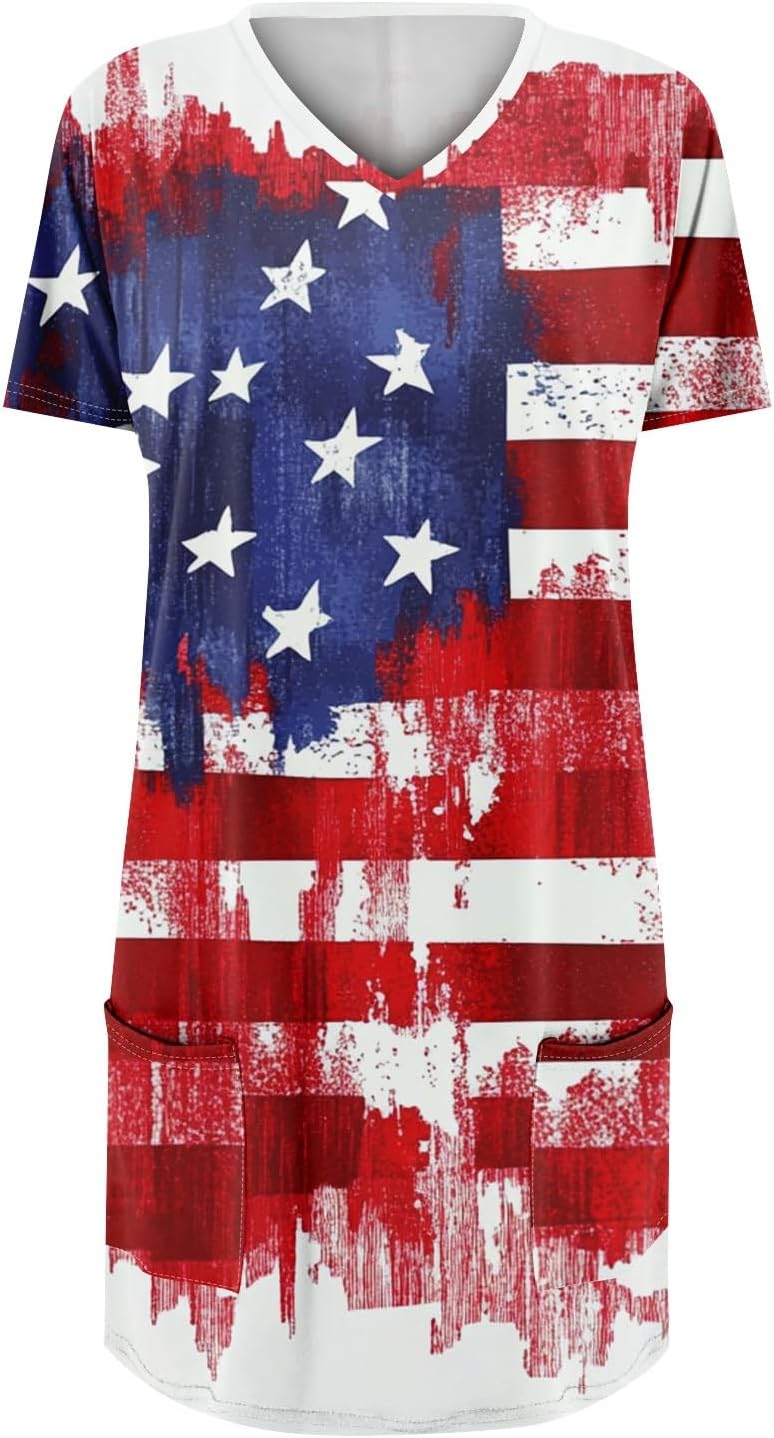 Women's American Flag Shirts, 4Th of July T Shirt, Short Sleeve V Neck Dressy Casual Tops to Wear with Leggings