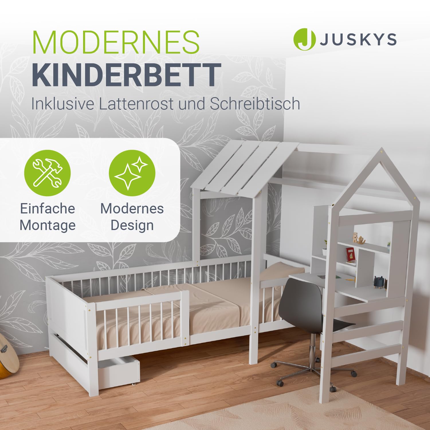 Juskys Kinderbett Yari 90x200 cm - Einzelbett mit Schreibtisch & Schublade, Kiefernholz & Langlebige Materialien, Verspieltes Haus-Design - Weiß