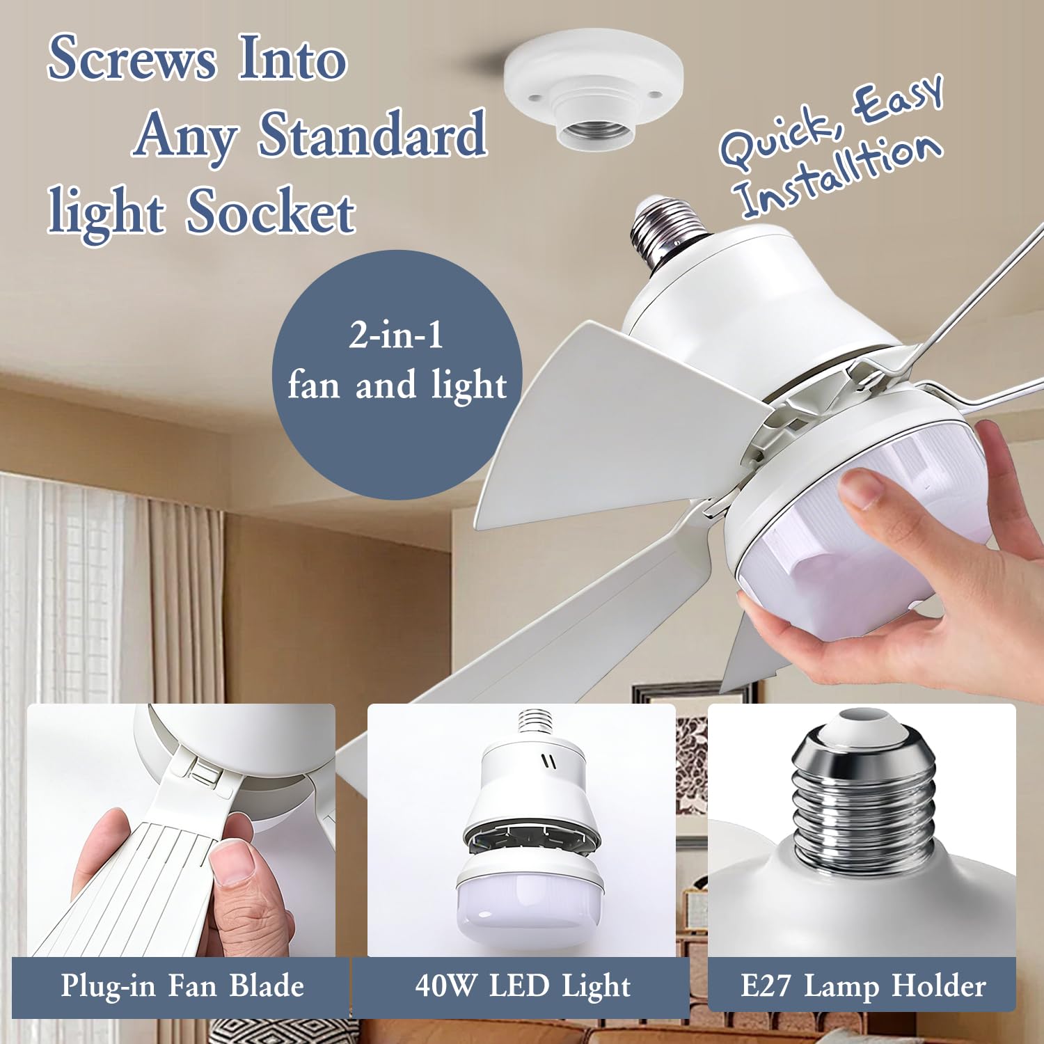 YumSur LED Deckenventilator mit Beleuchtung E27,40 W Ventilator lampe,Dimmbar Deckenbeleuchtung 3 Farben,3 Geschwindigkeiten,Moderne Lüfterbeleuchtung für Wohnzimmer,Schlafzimmer(style2 white)