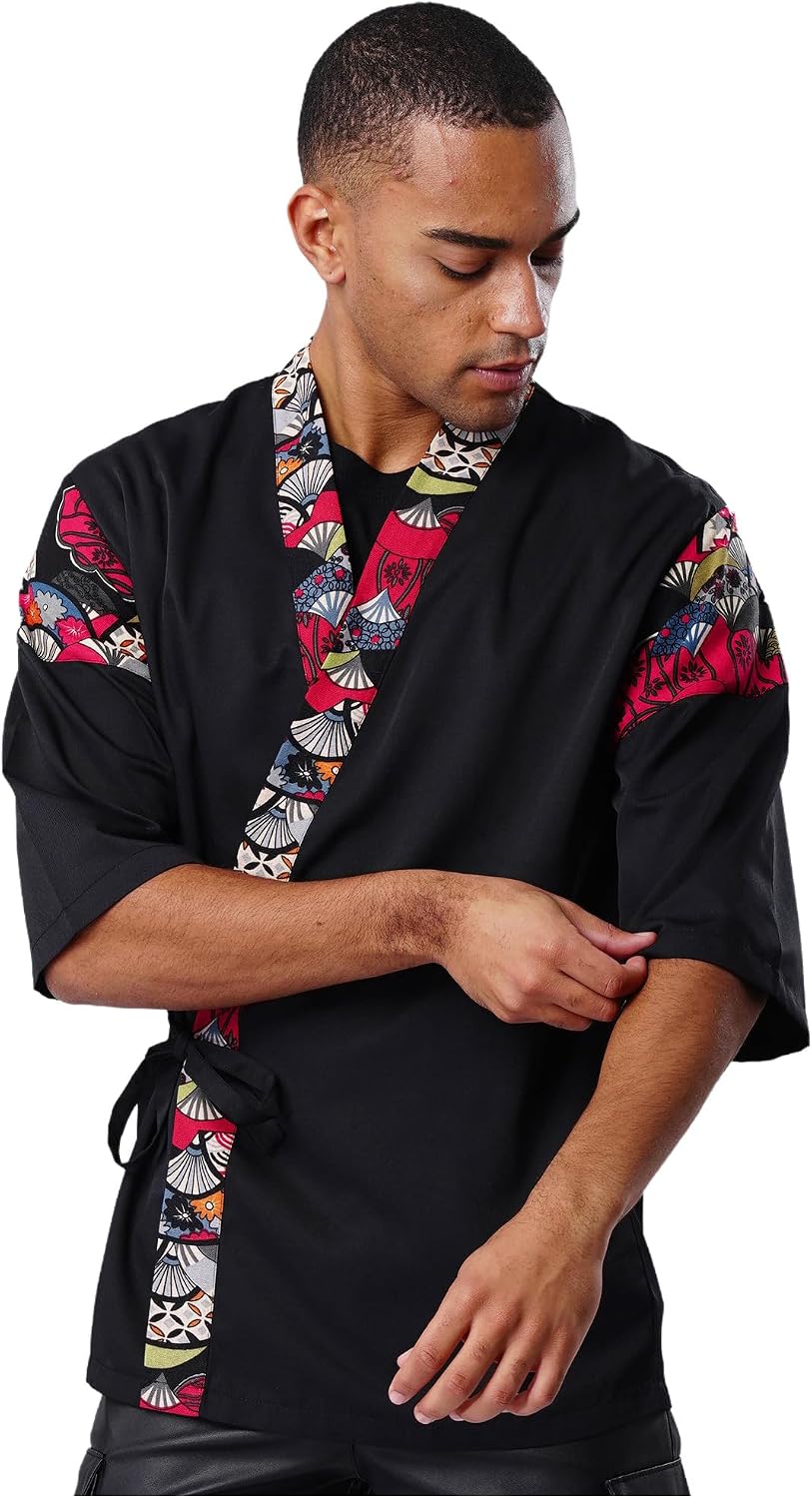 Men Floral Printed Japanese Sushi Chef Coat Casual Kimono Cardigan Jacket Cuisine Restaurant Workwear