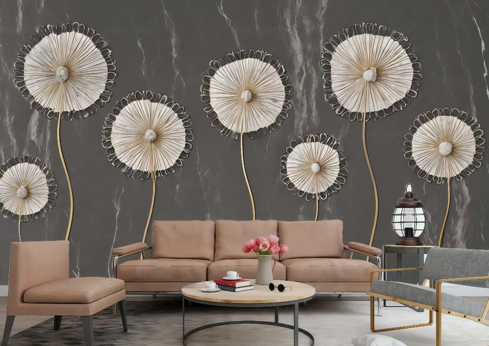 Tapeta nowoczesna moda biały szydełkowany kwiat sztuka ciemnoszary marmurowy wzór TV sofa tło ściana sypialnia salon gabinet mural, 3D, 430 x 300 cm
