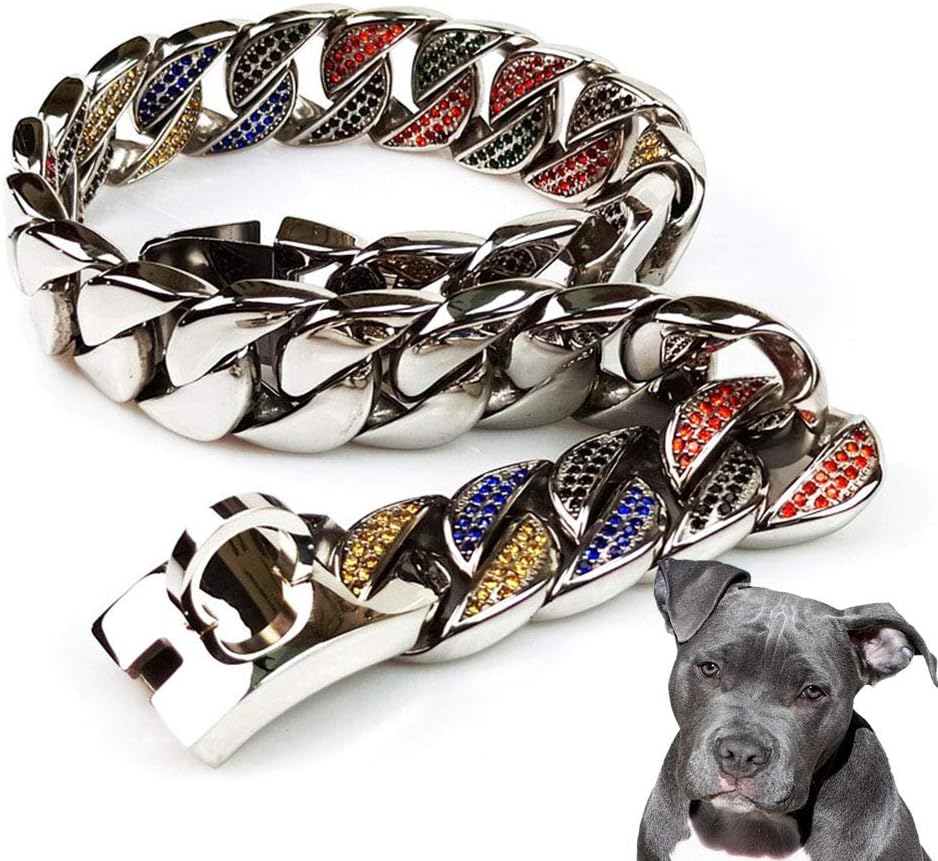 UTOPIAY 32mm Dog Choke Collar with Colorful Diamonds, Stainless Steel Hip Hop 316L Choker Cuban Curb Link Necklace Training Collar Dog Chain Collar for Bully Pitbull, Mastiff, Big Breeds,75cm