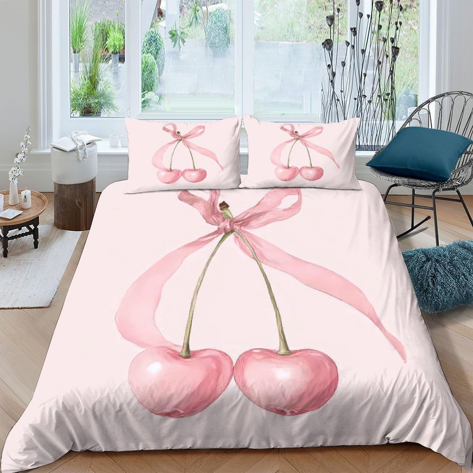 Ctjqhvkz Style-2 3D Printed Pink Cherry Bow Fitted Sheet Microfiber Soft Bedroom Decor Cherry Heart Mattress Cover For Home Dorm Single（135X200cm）