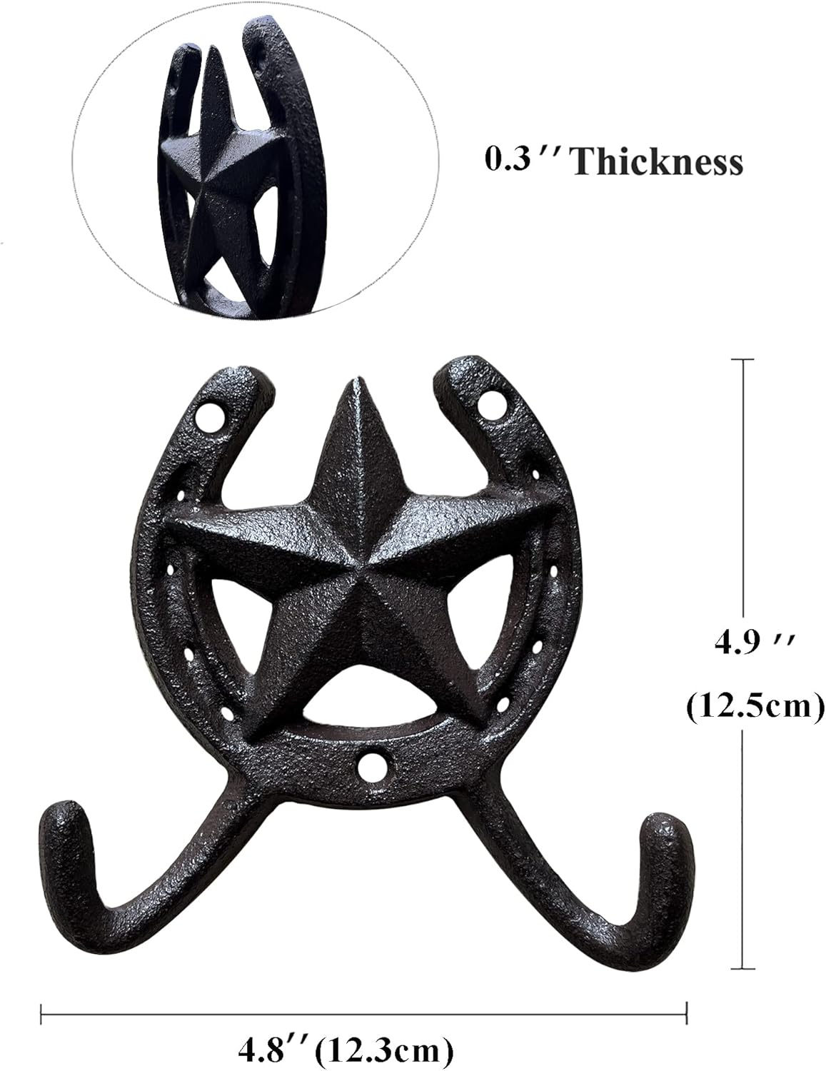 Atpxdk 4PCS Cast Iron Horseshoe Wall Decor, Star Cast Iron Rustic Metal Horseshoe Wall Hooks for Outside and Inside Decor