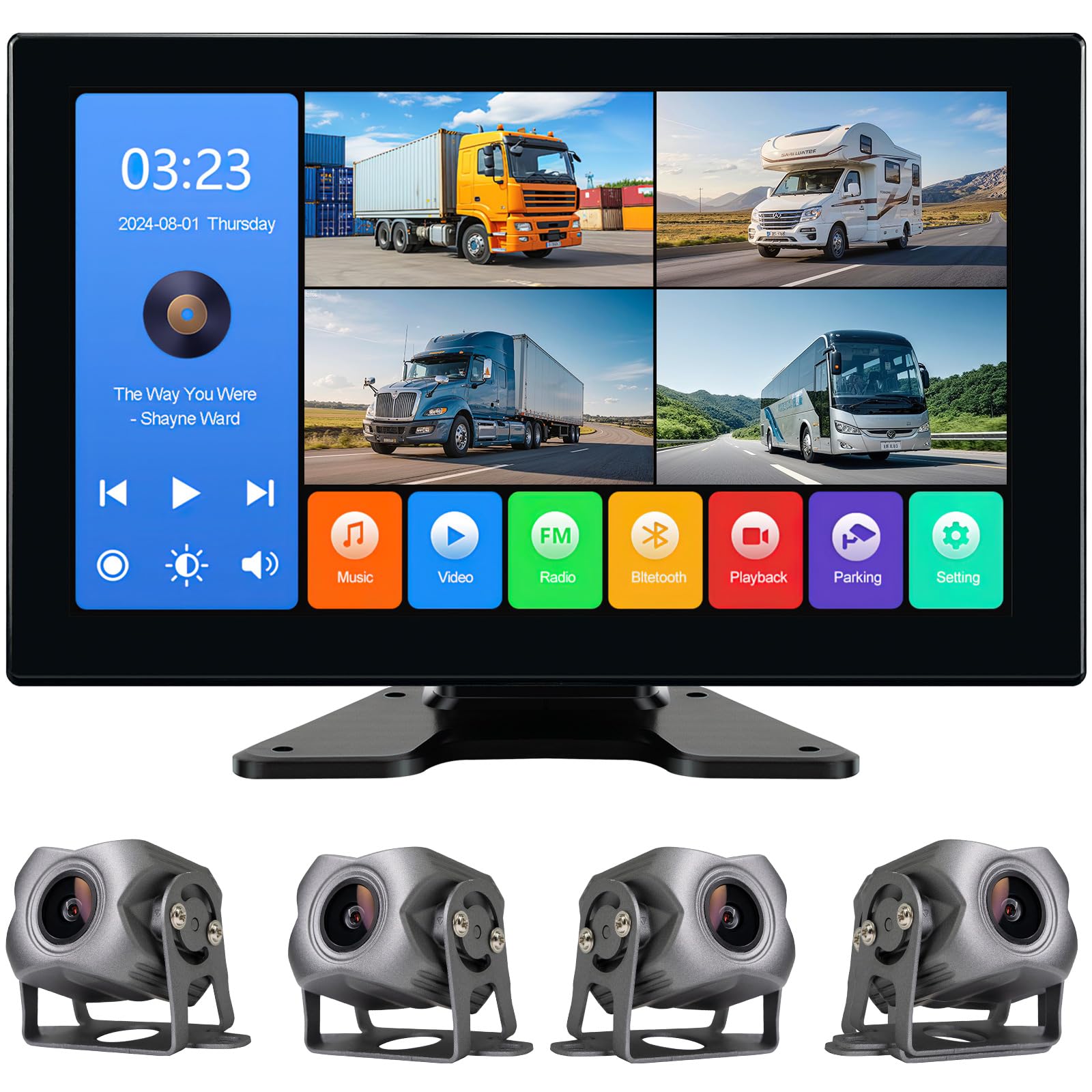 4 Channel 1080p Backup Camera System Dash Cam for RV/Truck/Trailer/Bus/Cars | RV/Truck Camera System with 10.2'' Screen,DVR Recording,Quad Split Parking Monitor,Bluetooth/FM Radio/Music/Video Player