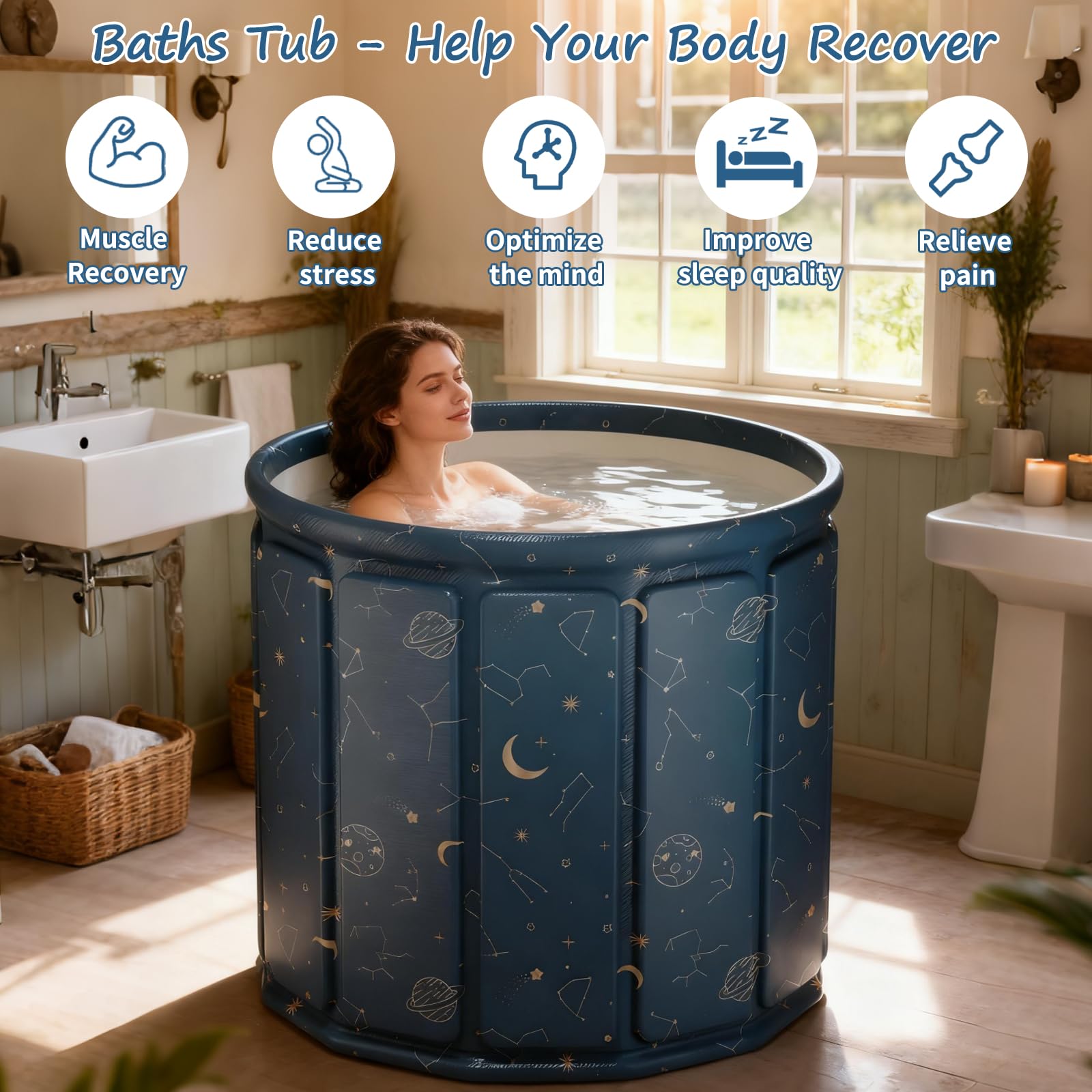 XUDREZ Faltbare Badewanne Blue Planet 80cm, 6-Lagen Thermo-Isolierung 3H Temperaturhaltung, 325L Eisbadewanne & Heißbad für Erwachsene, Tragbare Tauchwanne für Balkon Gym Camping Home