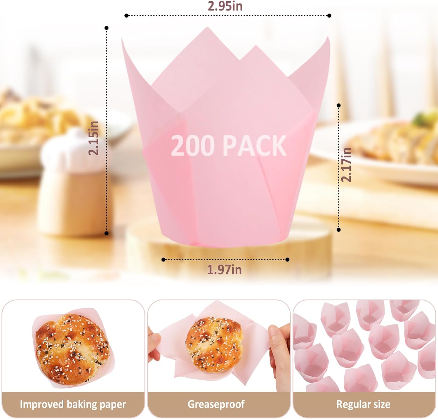 GeeRic 200 PCS Tulip Cupcake Liners, Greaseproof Baking Cups for Muffins, Cupcakes, Desserts and Pastries, Oven Safe Paper Baking Liners for Parties, Weddings and Bakery Use Pink