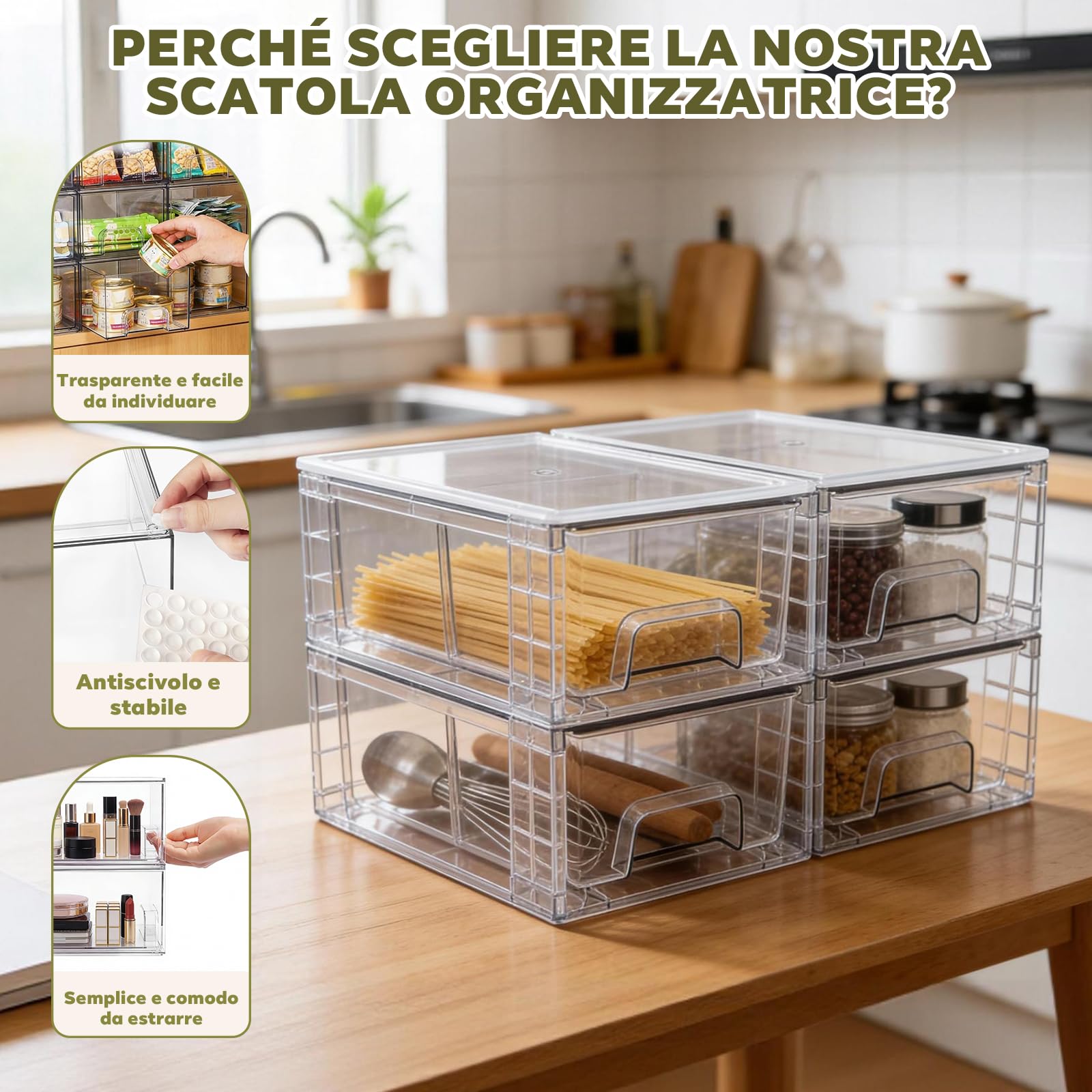 Set 4 Cassetti Organizzatori Impilabili con Divisorio – in Acrilico Trasparente per Scrivania, Trucco, Cucina, Bagno & Soggiorno