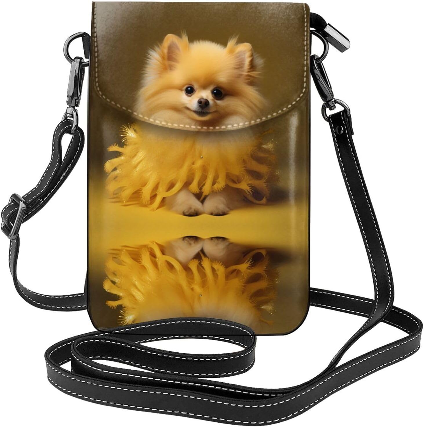 BROLEO women leather Cell Phone Purse Yellow pomeranian picture Multifunction,Soft, durable,Convenient for daily use and travel, Black, One Size
