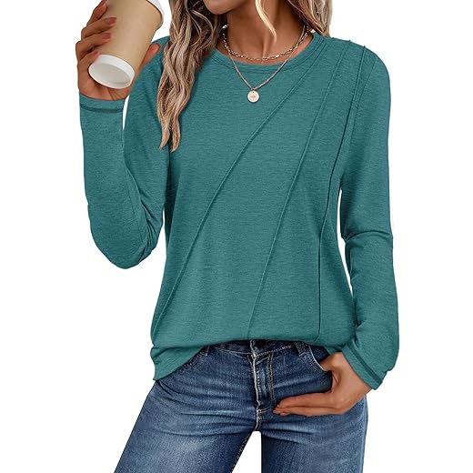 ATHMILE Womens Long Sleeve Shirts Pleated Crew Neck Casual Fall Fashion Tops Loose Fit Lightweight Girls Outfits Clothes