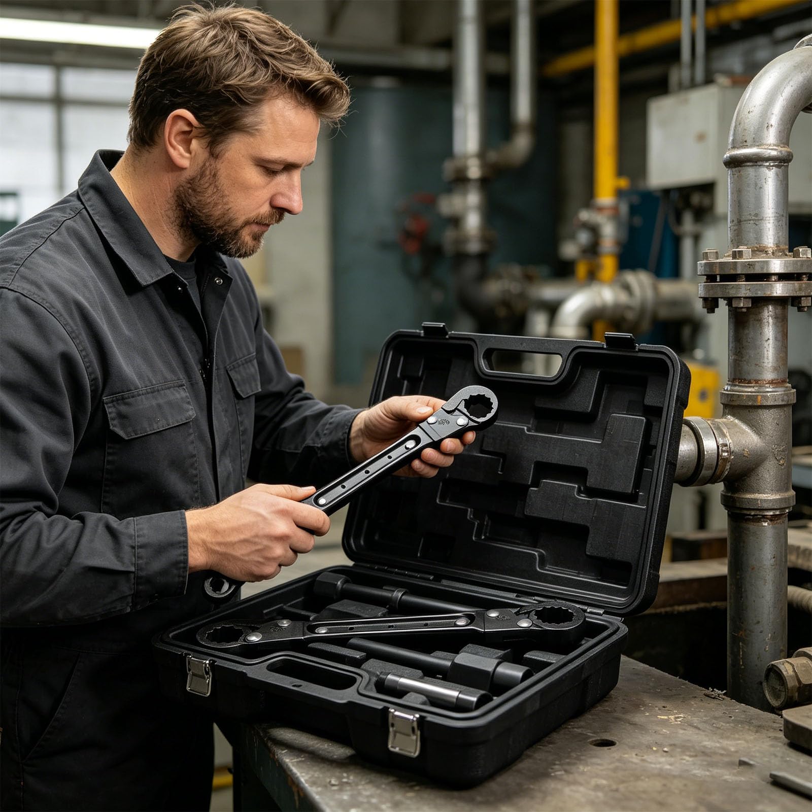 Attrezzatura per la manutenzione impianti idraulici per progetti domestici con dispositivo rimozione del manicotto in rame e chiave per tubi combinata con borsa impermeabile