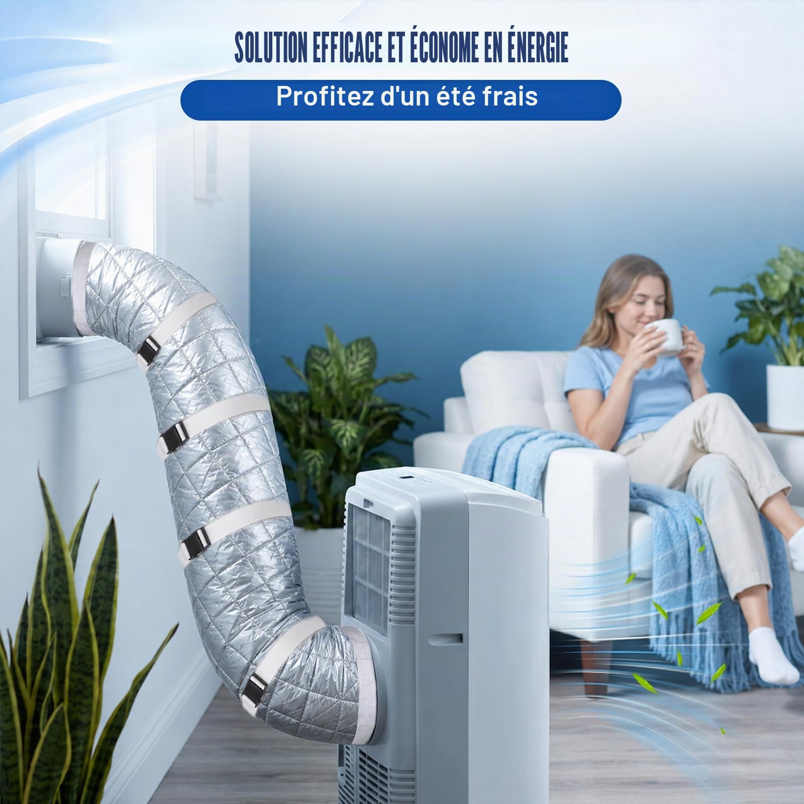 TUT Housse de protection pour climatiseurs portables avec cordon de serrage et 4 sangles de fixation réglables, 150 x 50 cm, isolation pour climatiseur